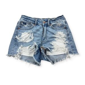 American Eagle Jean Shorts Women's 2 Blue Strigid Cut Off Frayed Hem Distressed